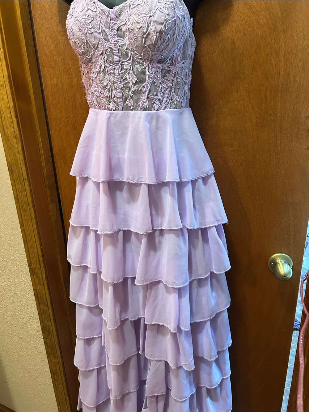 Lilac Tiered Lace Bodice Prom Dress